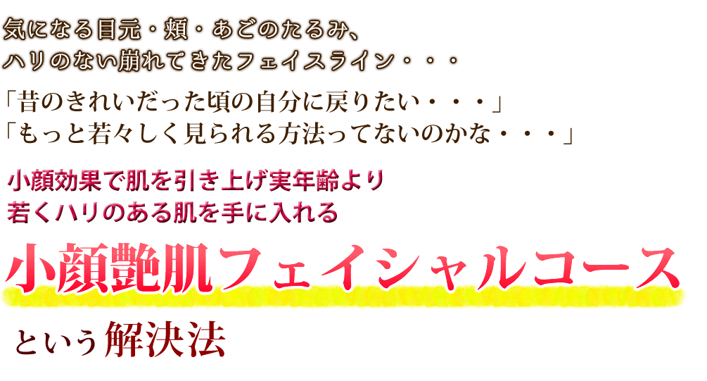 気になる目元・頬・あごのたるみ、ハリのない崩れてきたフェイスライン・・・  「昔のきれいだった頃の自分に戻りたい・・・」 「もっと若々しく見られる方法ってないのかな・・・」 小顔効果で肌を引き上げ実年齢より若くハリのある肌を手に入れる 小顔艶肌フェイシャルコースという解決法